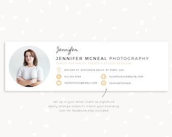 May include: A digital business card design featuring a headshot of a woman, the name "Jennifer," and business details. The card includes contact information, social media icons, and the text "Jennifer McNeal Photography."