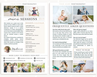 Mini sessions guide, Sessions calendar, FAQ, Photography brochure template, photography flyer, minis half letter brochure template