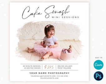 Cake Smash Mini Sessions Template, Canva, Photoshop, Cake smash mini session template, Cake Smash Mini Sessions, First Birthday, marketing