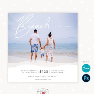 Beach mini session template, Beach minis, Canva, Summer mini sessions, Sea Mini sessions, Photographers, Marketing board, Photoshop template