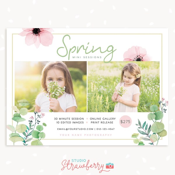 Spring Mini Session Template, Spring Mini Sessions, Floral Spring Marketing Board, Spring Photography Marketing Template, Watercolor floral