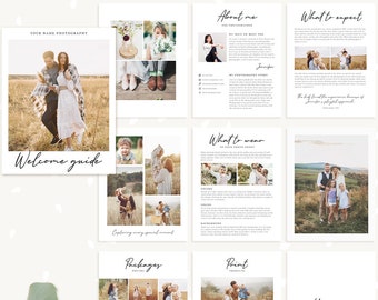 May include: Welcome guide for a photography studio with information about the photographer, what to wear for a photoshoot, packages and pricing, and print products. The guide includes photos of families and children in a natural setting.