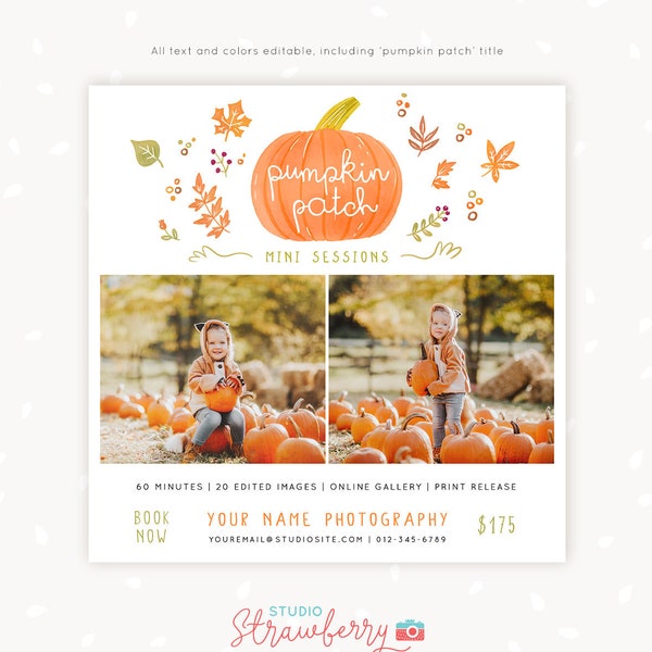 Pumpkin mini sessions, Pumpkin Patch mini session, Pumpkin stand, Fall Mini Session Template, Photography marketing, Autumn Photoshop PSD