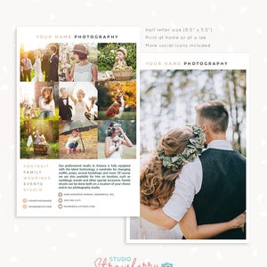 Photography flyer templates, Photography brochure template pamphlet, half letter one page brochure, photographer flyer, collage contact card