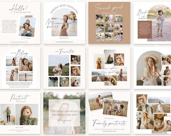 May include: A set of 10 Instagram post templates for photographers. The templates feature a variety of layouts and designs, including a collage of photos, a single photo with text overlay, and a photo with a border. The templates are editable in Canva and can be used to promote your photography business, share your work, or connect with your followers.