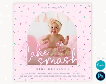 Cake Smash Mini Sessions Template, Canva, Photoshop, Cake smash mini session template, Cake Smash Mini Sessions, First Birthday, marketing