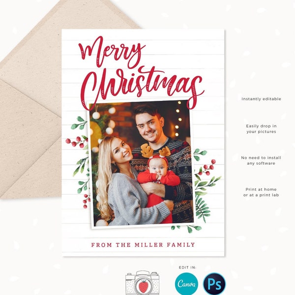 Christmas photo card template, Christmas card template Canva, Christmas card photo collage, Holiday card photo collage template, Xmas card