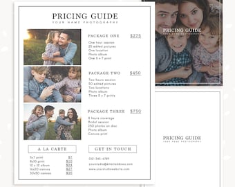 Puede incluir: Una guía de precios para servicios de fotografía, con fotos familiares y detalles de paquetes. La guía incluye opciones para sesiones de una hora, álbumes de fotos e impresiones en lienzo. También hay opciones a la carta para impresiones y álbumes.