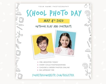 Plantilla para el día de la fotografía escolar, cartel de marketing para el día de la fotografía escolar, promoción de fotografía escolar, folleto imprimible y editable de fotografía escolar.
