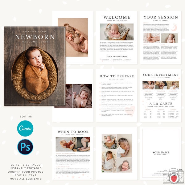 Newborn Photography Magazine, Canva, Photoshop, 10 pages, Newborn Marketing, Newborn Magazine Template, Newborn photographer, Newborn flyer