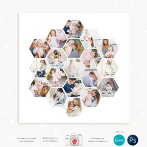 Puede incluir: Una plantilla de collage digital con un diseño de panal de abeja con 16 marcadores de posición para fotos. La plantilla es editable en dispositivos móviles y de escritorio usando Canva o Photoshop. El texto "EDIT IN: Canva Ps" se muestra en la esquina inferior derecha de la imagen.
