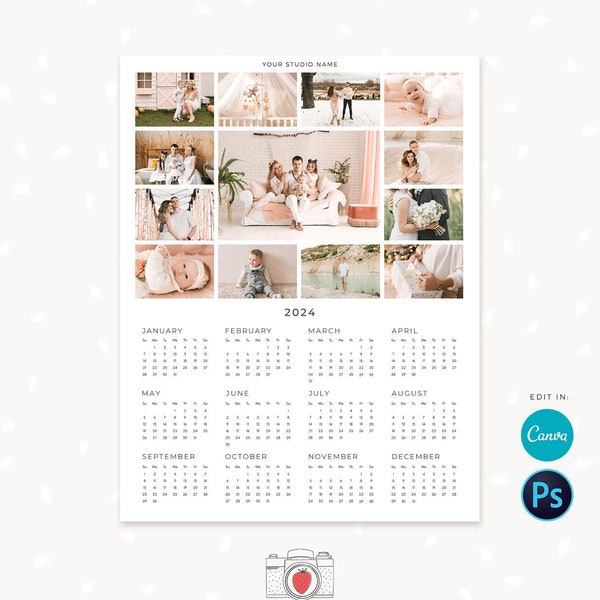 2024 photo calendar template, canva, photoshop, one page printable calendar, photography calendar, calendar printable, yearly calendar