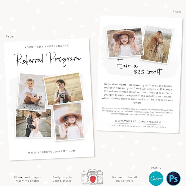 Referral card canva, Referral card template, Referral cards, referral program, tell a friend, word of mouth, referral card for photographers