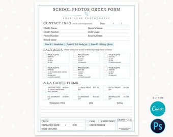 May include: A school photography order form with a pink and blue color scheme. The form includes contact information, package options, and a la carte items. The form also includes a section for payment information and a grand total.