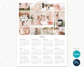 2024 photo calendar template, canva, photoshop, one page printable calendar, photography calendar, calendar printable, yearly calendar