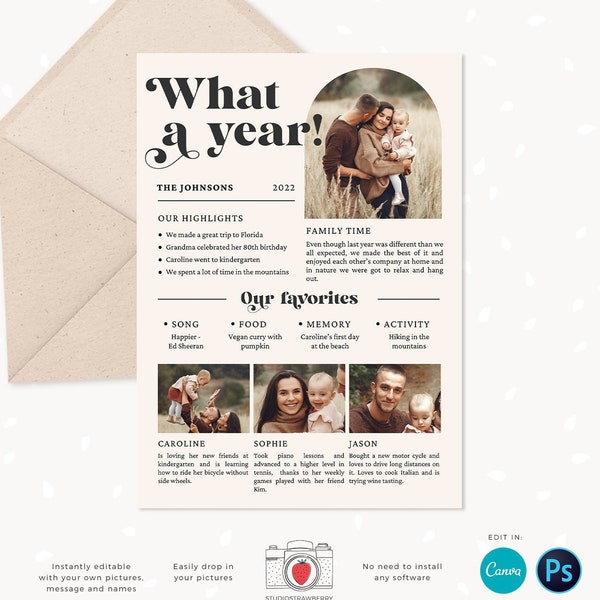 Year in review Christmas card template, 2022 monthly overview, Canva Year in review template monthly, Year in review holiday card, Pictures