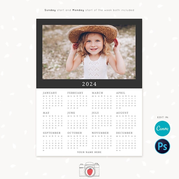 2024 photo calendar template, canva, photoshop, one page printable calendar, photography calendar, calendar printable, yearly calendar