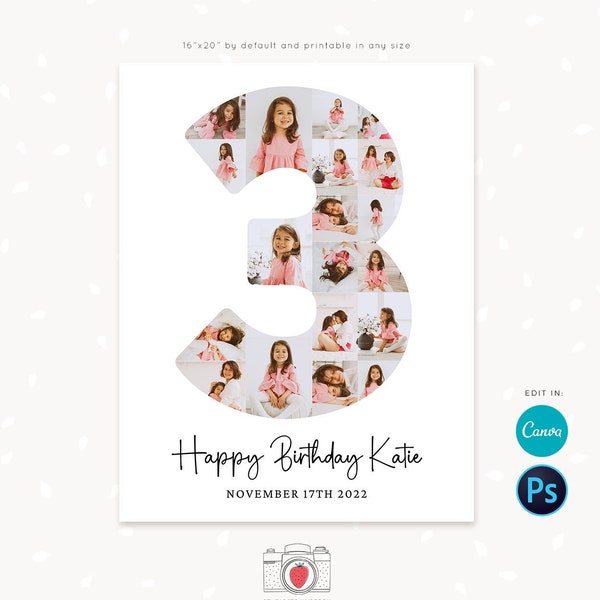 3 year birthday photo collage, Number three, Third birthday poster digital, Number three, 3rd Birthday collage Canva, Photoshop, 16x20, 8x10