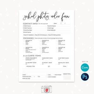 School photography order form, Photography Forms, School Photographer Form, School Photography, Packages, A la carte, Canva, Photoshop, C01