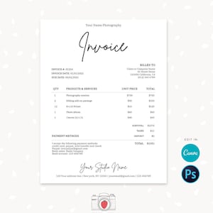 Invoice template, Printable invoice, Photography invoice, Canva, Photoshop, Business invoice, Receipt template, Photography forms, C04