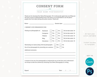Photography consent form template, Photography permission form template, Social media use, Website use, Publishing permissions client form
