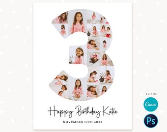 3 year birthday photo collage, Number three, Third birthday poster digital, Number three, 3rd Birthday collage Canva, Photoshop, 16x20, 8x10