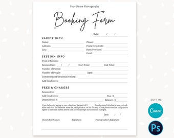 May include: A white photography booking form with black text. The form includes sections for client info, session info, and fees & charges. The text "Booking Form" is written in a cursive font. The bottom of the form has a camera logo with a strawberry.