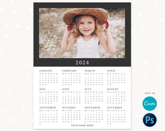Modèle de calendrier photo 2024, canva, photoshop, calendrier imprimable d'une page, calendrier de photographie, calendrier imprimable, calendrier annuel