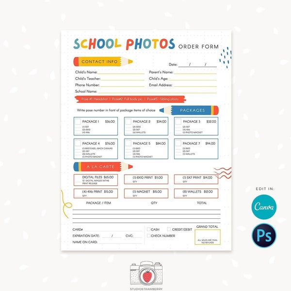 Bestelformulier voor schoolfotografie, fotografieformulieren, formulier voor schoolfotograaf, schoolfotografie, pakketten, à la carte, Canva, Photoshop