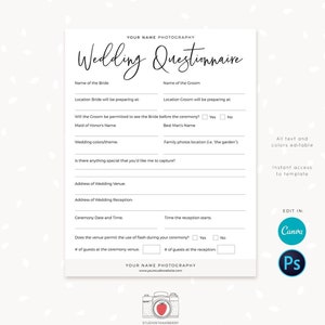 Photography Questionnaire Template Wedding Photography - Etsy