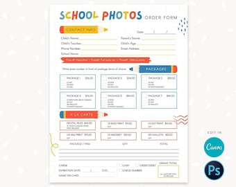 Formulaire de commande de photographie scolaire, Formulaires de photographie, Formulaire de photographe scolaire, Photographie scolaire, Forfaits, À la carte, Canva, Photoshop