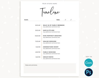 May include: A white vertical timeline template with the word "Timeline" in a handwritten font. The schedule includes times and events such as "Walk in of Family Members," "Hair & Styling," and "Group Photo." The template is designed for a photography studio.