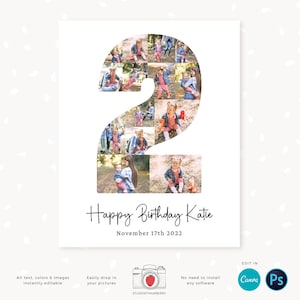 Collage photo d’anniversaire de 2 ans, Numéro deux, Affiche du deuxième anniversaire numérique, Numéro deux, Collage du 2e anniversaire, Canva, Photoshop, 16x20, 8x10