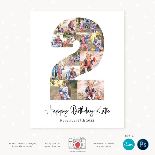 2 year birthday photo collage, Number two, Second birthday poster digital, Number two, 2nd Birthday collage, Canva, Photoshop, 16x20, 8x10