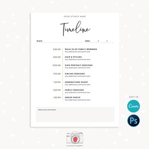 Pode incluir: Um modelo de linha do tempo vertical branco com a palavra "Timeline" em fonte manuscrita. A programa&ccedil;&atilde;o inclui hor&aacute;rios e eventos como "Walk in of Family Members", "Hair & Styling" e "Group Photo". O modelo &eacute; projetado para um est&uacute;dio de fotografia.