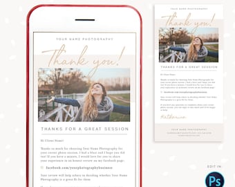 May include: A smartphone screen displaying a thank you message from a photographer. The message includes a photo of a woman with her arms outstretched, a link to the photographer's Facebook page, and a request for a review. The screen also includes the photographer's name and contact information.