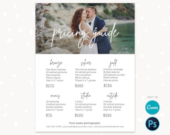 Pode incluir: Um guia de preços para serviços de fotografia. O guia lista três pacotes: Bronze, Prata e Ouro. Cada pacote inclui um número diferente de horas, fotos editadas, locais e impressões. O guia também lista dois pacotes adicionais: Minis e Estúdio. O guia inclui informações de contato e um logotipo para Studio Strawberry.