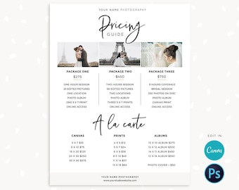 Pode incluir: Um guia de preços em branco e preto para serviços de fotografia. O guia inclui três pacotes com preços e serviços diferentes, bem como opções à la carte para impressões em tela, impressões, álbuns e capa de fotos. O guia também inclui o texto "Your Name Photography" e "StudioStrawberry".