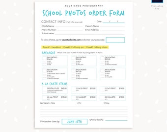 Formulaire de commande de photographie scolaire, formulaires de photographie, formulaire de photographe scolaire, modèle Photoshop pour la photographie scolaire, photographie de garde d'enfants