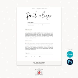 Photo print release form Letter size, Photography Forms, Forms For Photographer, Photography Contract, Print Release template, Canva, C01