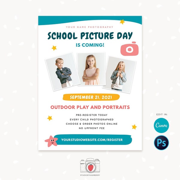 School picture day template, School photo day, School picture flyer, School picture day flyer, School picture day display board, Canva, PS