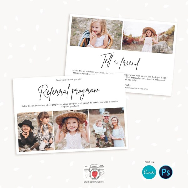 Referral card canva, Referral card template, Referral cards, referral program, tell a friend, word of mouth, referral card for photographers