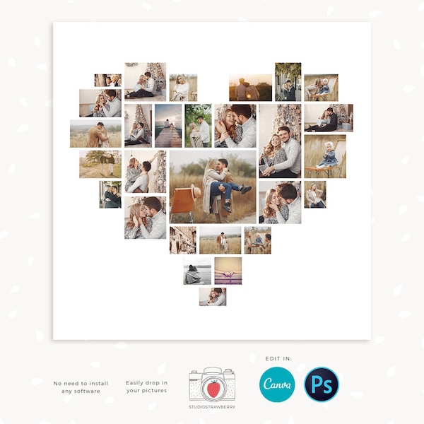 Heart collage template, Instantly editable, Heart photo collage template, Heart shape photo collage, Valentine photo collage, Love collage