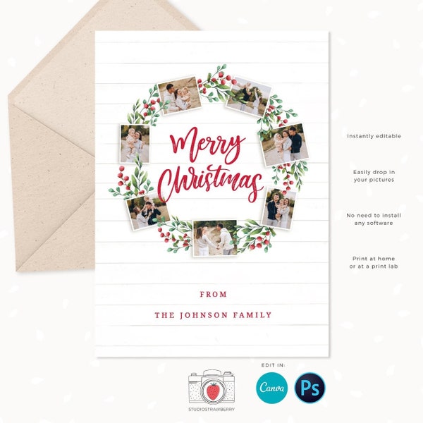 Christmas card template "Christmas Wreath", Canva, Christmas photo card template, Christmas photo collage, Holiday card photo collage, Xmas