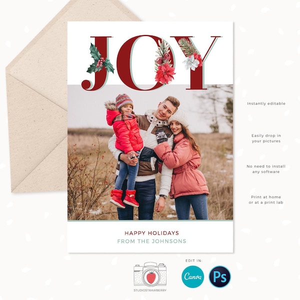Christmas Card Template Joy, Christmas photo card template, Christmas card printable, Christmas cards photo template, Joy Holiday card Canva