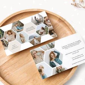 Modello di biglietto da visita per fotografia, biglietto da visita a nido d'ape, Canva, Photoshop, biglietti da visita fotografici, contatto social, marketing fotografico