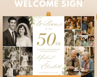 Plantilla de cartel de bienvenida para 50.º aniversario de bodas, collage de fotos para el 50.º aniversario de bodas, póster editable de Canva, decoración imprimible para fiestas.