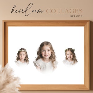 Puede incluir: Un conjunto de 8 plantillas de collage de fotos personalizables con un fondo blanco y tres marcadores de posición circulares. El texto "heirloom collages" y "set of 8" se muestra en la parte superior de la imagen. El texto "Easily drop in your pictures", "Easily copy or move the photo placeholders" y "Options with and without text included" se muestra en la parte inferior de la imagen.