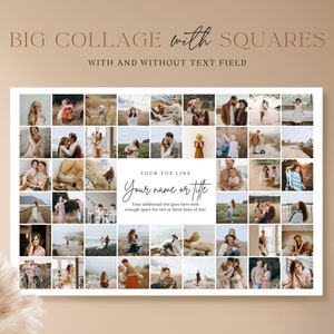 Puede incluir: Una plantilla de collage digital con 36 portafotos cuadrados. La plantilla tiene un fondo blanco y un cuadro de texto en la parte superior que dice "Tu nombre o título".