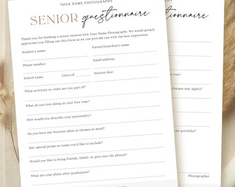 May include: A black and white questionnaire for senior portrait photography sessions. The questionnaire asks for the student's name, phone number, school name, class, parent's name, email address, session date, activities or clubs, free time activities, personality description, location ideas, special props, friends or family to include in photos, and plans after graduation.